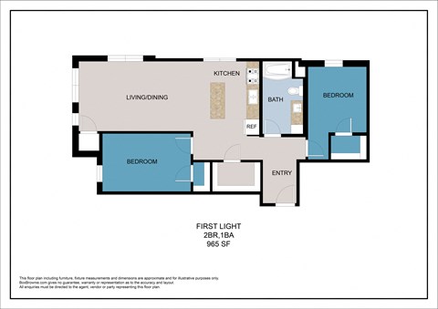 Floor plan for 2 beds, 1 bath, 965 sqft